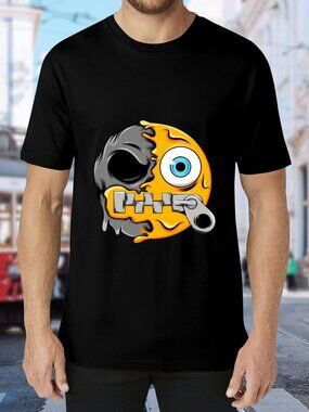 Black Short-Sleeve Graphic Tee with Yellow & Gray Emoticon